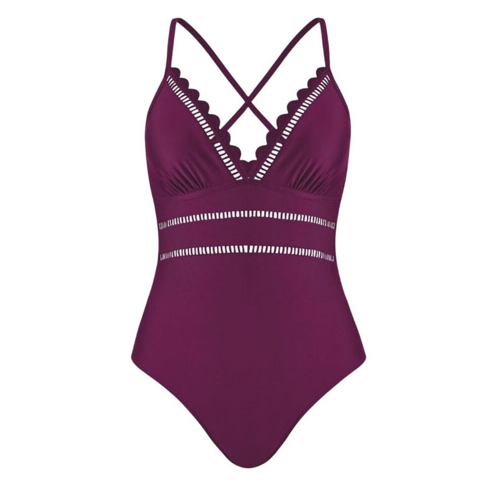 CupShe Plum Purple Scalloped V-Neck One-Piece Swimsuit Medium New